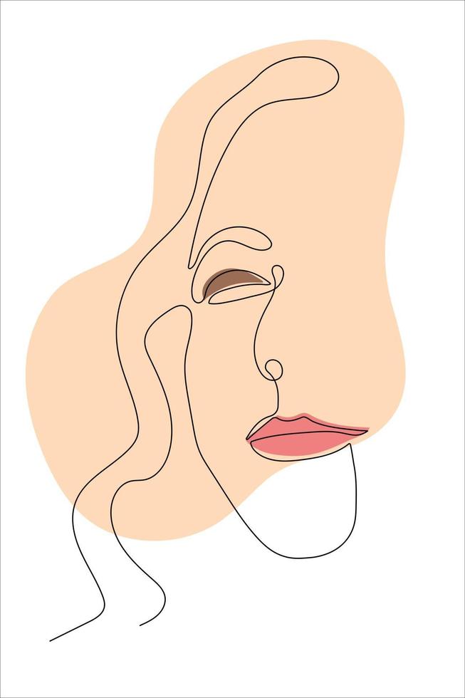 Line Art Doodle Illustration of Woman Face Continuous Outline Closeup Female Portrait with Abstract Simple Shape vector