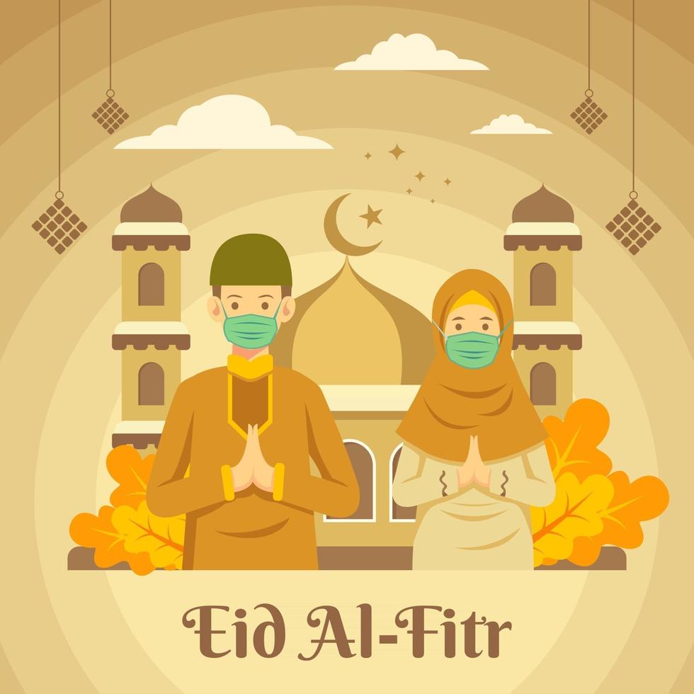 Eid mubarak or eid alfitr illustration with wearing mask prevents covid 19 vector