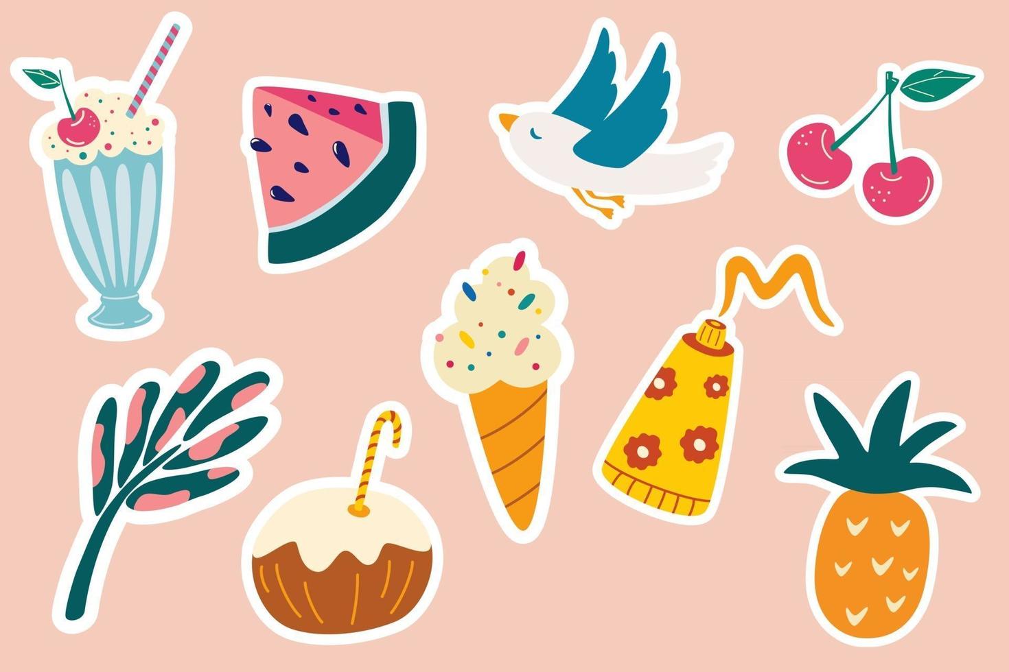 Set of summer stickers Seagull ice cream coconut cocktail pineapple cream watermelon palm leaf Beach vacation Summer icon objects Print ready stickers Vector illustration