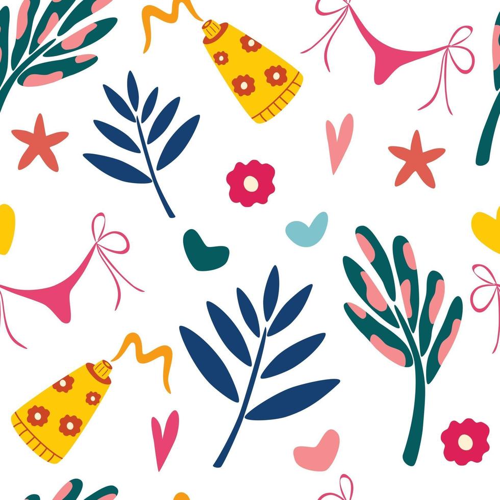 Seamless summer pattern with leaves and beach items Summer vacation Vector illustration for fabric wrapping paper wallpaper textile background