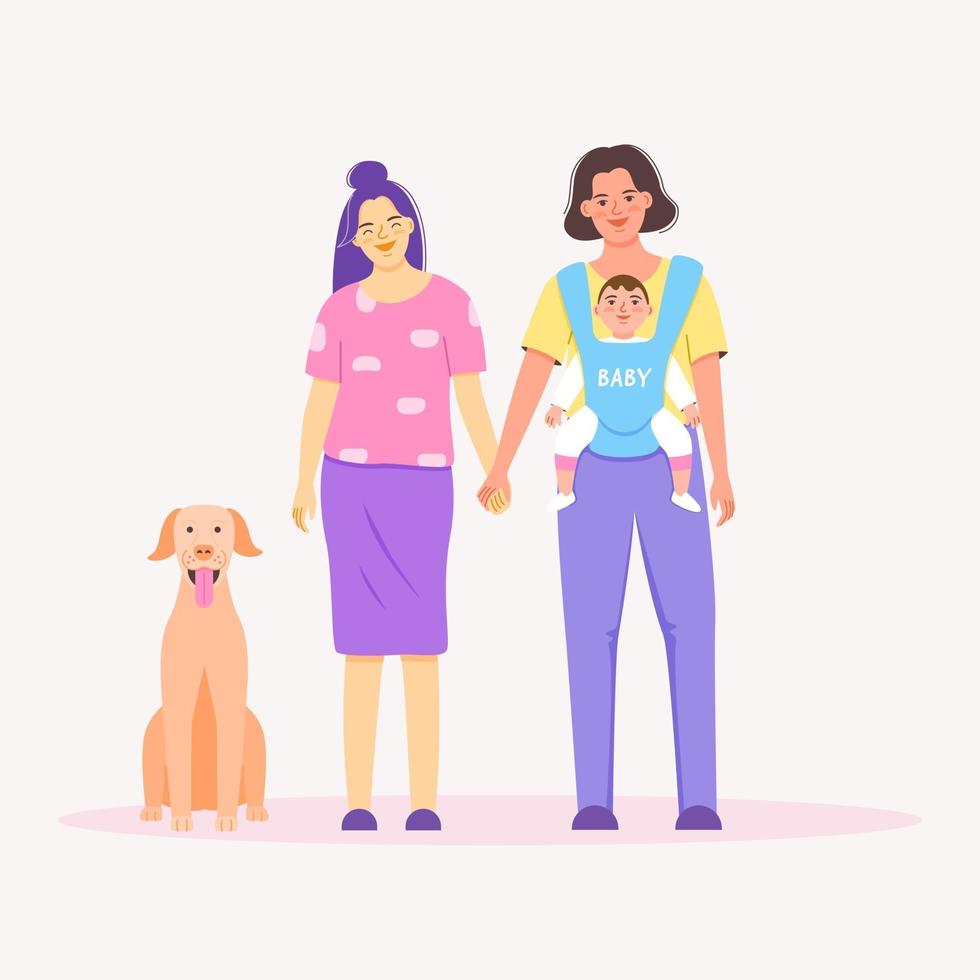 Vector of cute LGBTQ couple with baby in flat cartoon style