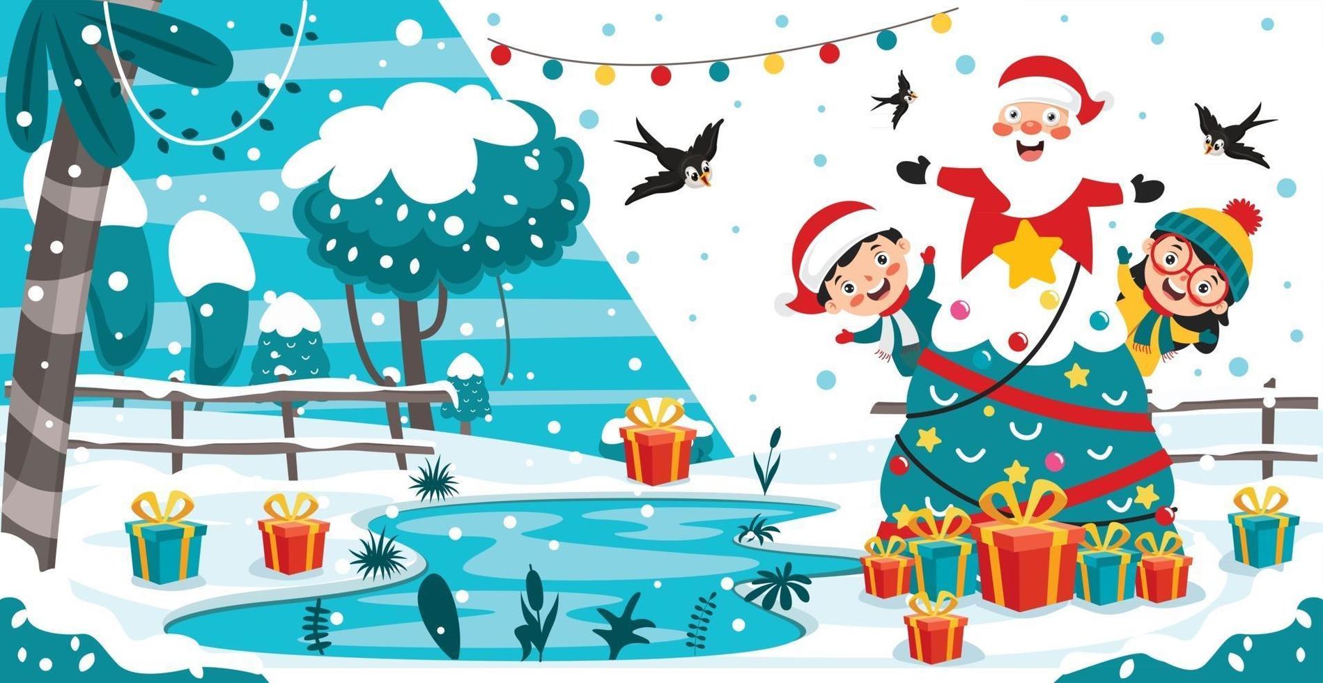 Christmas Greeting Card Design With Cartoon Characters vector