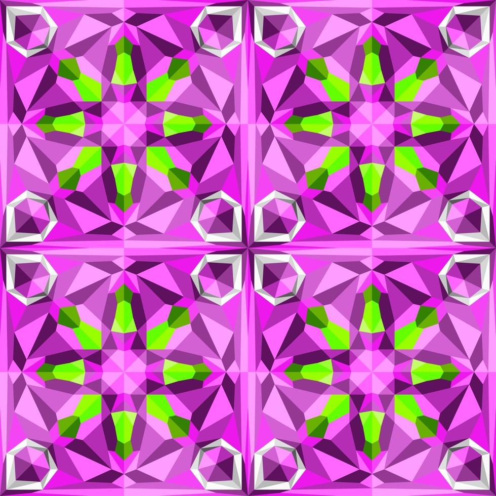 Este es un patrón poligonal de caleidoscopio de cristal verde y morado en forma de flor. vector