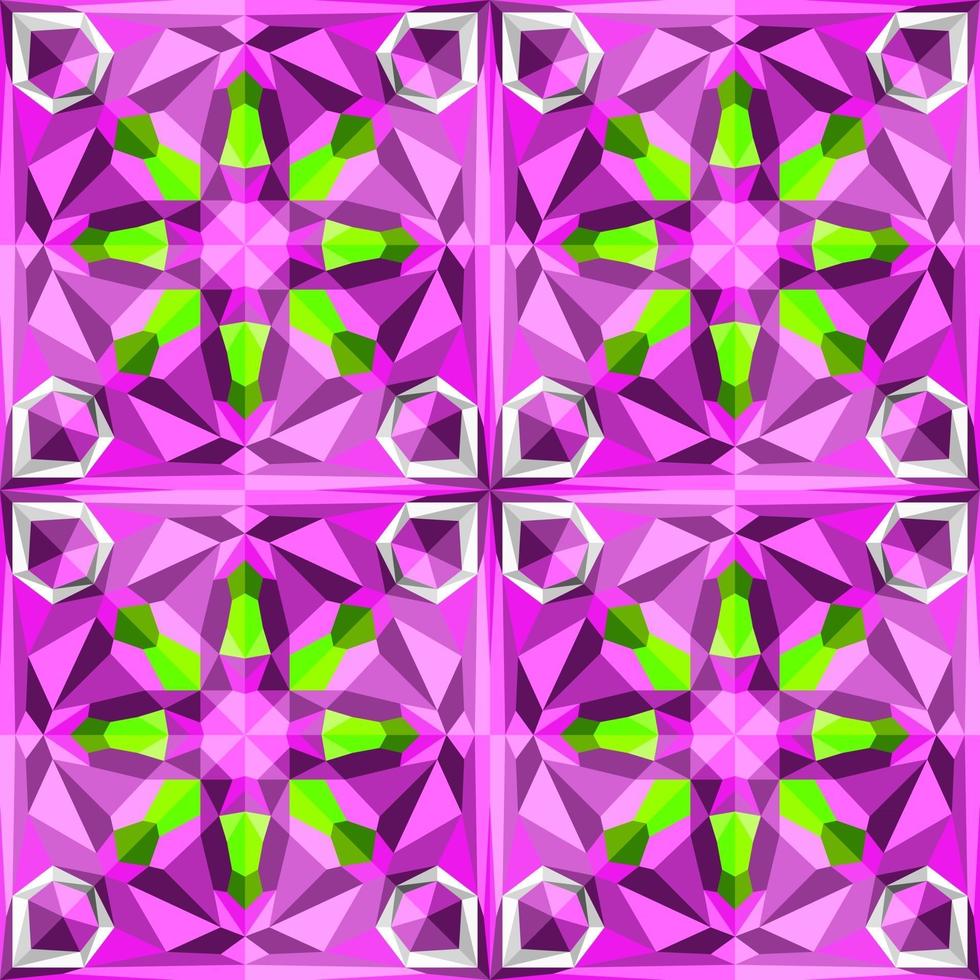 This is a polygonal green and purple crystal kaleidoscope pattern in the form of a flower vector