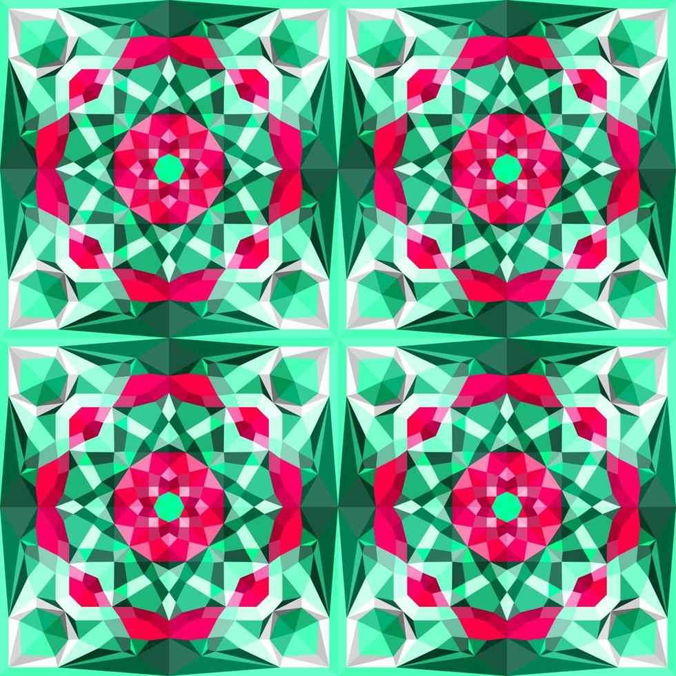 This is a polygonal green and purple crystal kaleidoscope pattern in the form of a violet flower vector