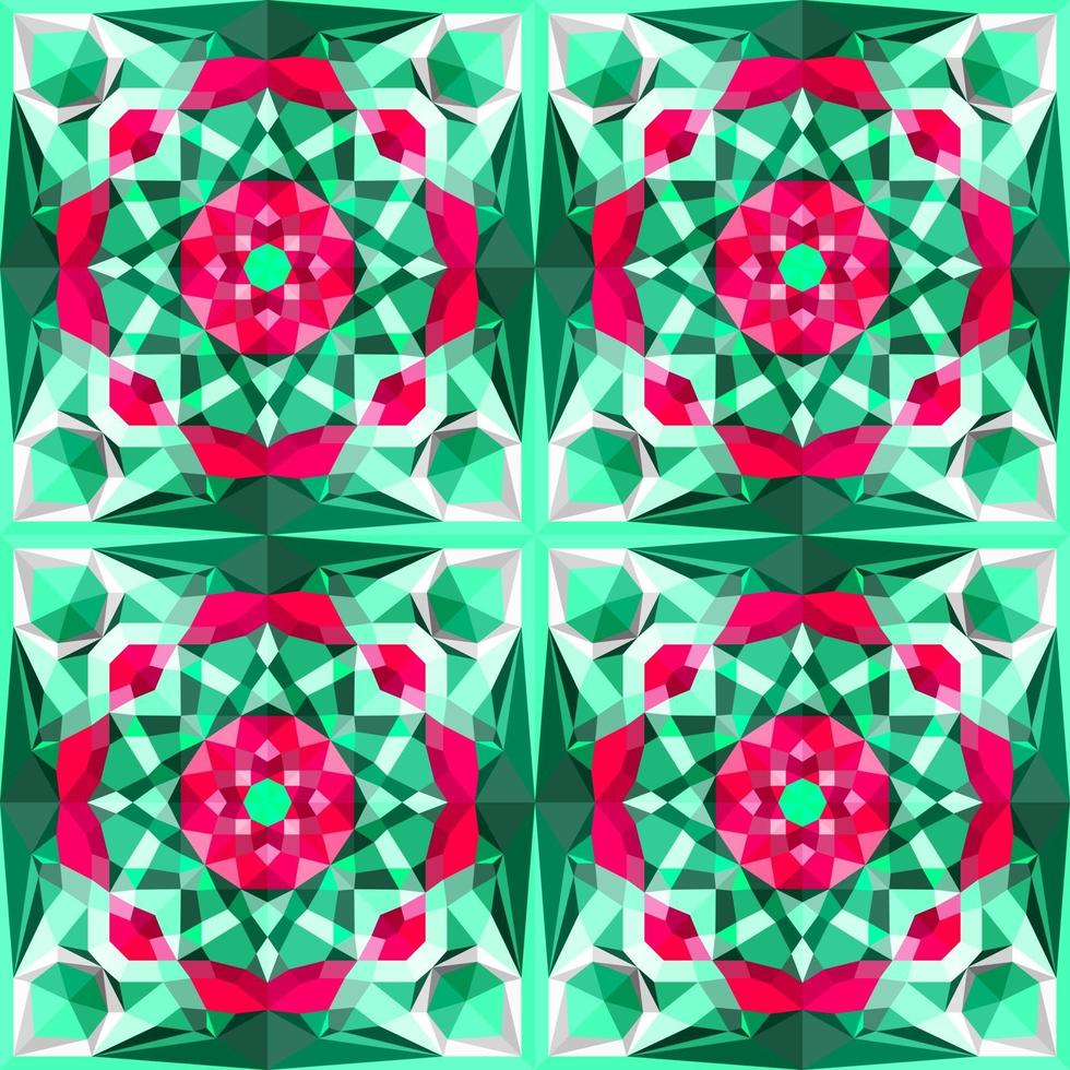 This is a polygonal green and purple crystal kaleidoscope pattern in the form of a violet flower vector