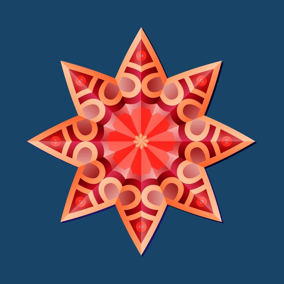 This is a red geometric polygonal mandala in the form of a star with an oriental floral pattern vector