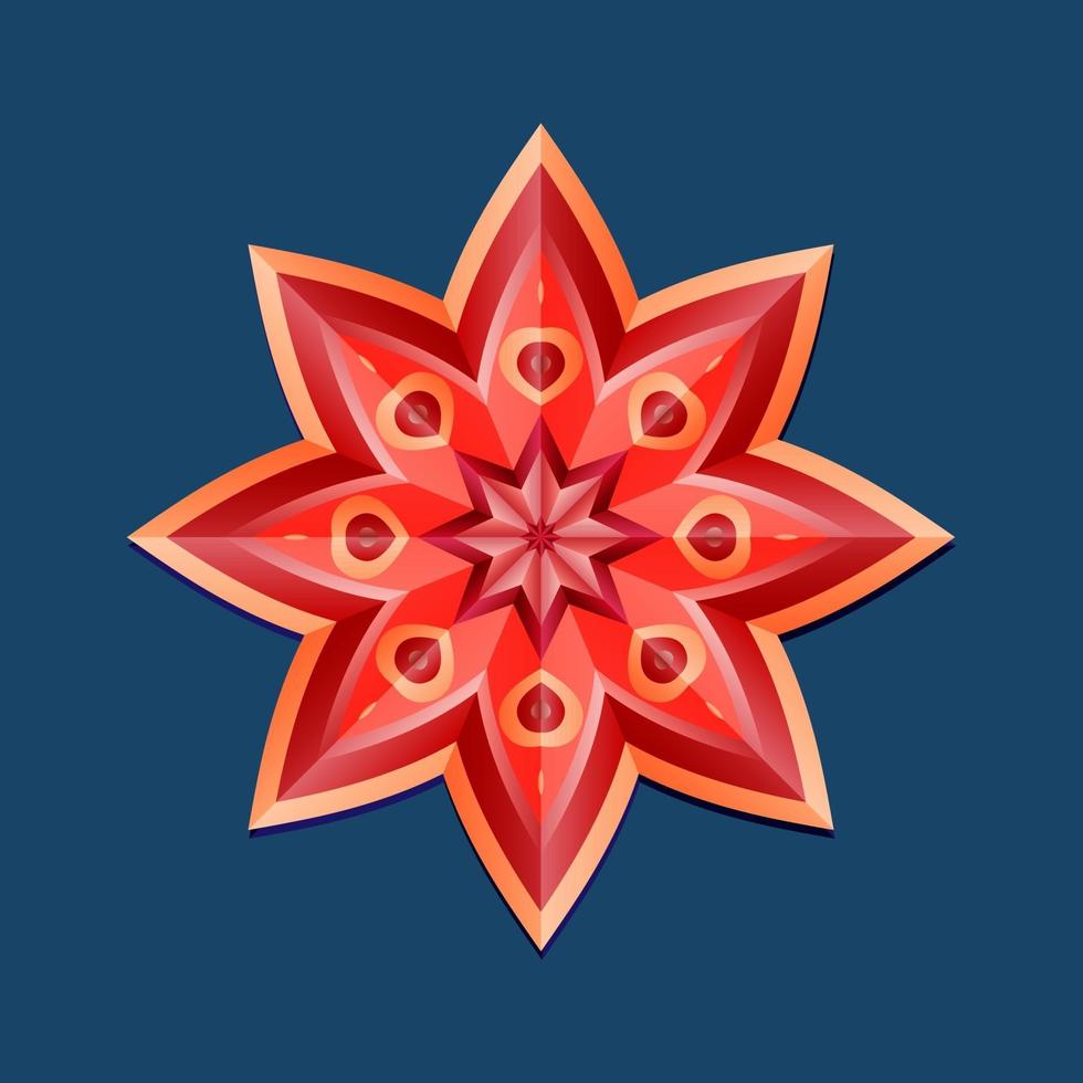 This is a red geometric polygonal mandala in the form of a star with an oriental floral pattern vector