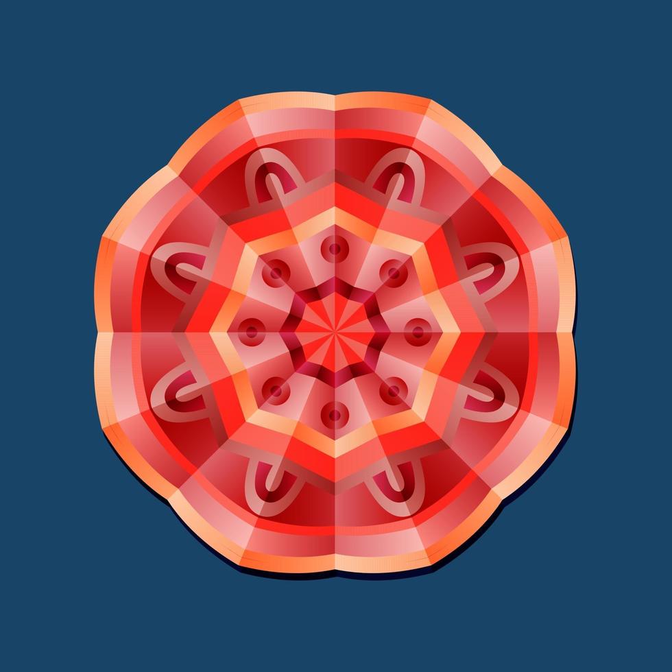 This is a red geometric polygonal mandala with an oriental floral pattern vector