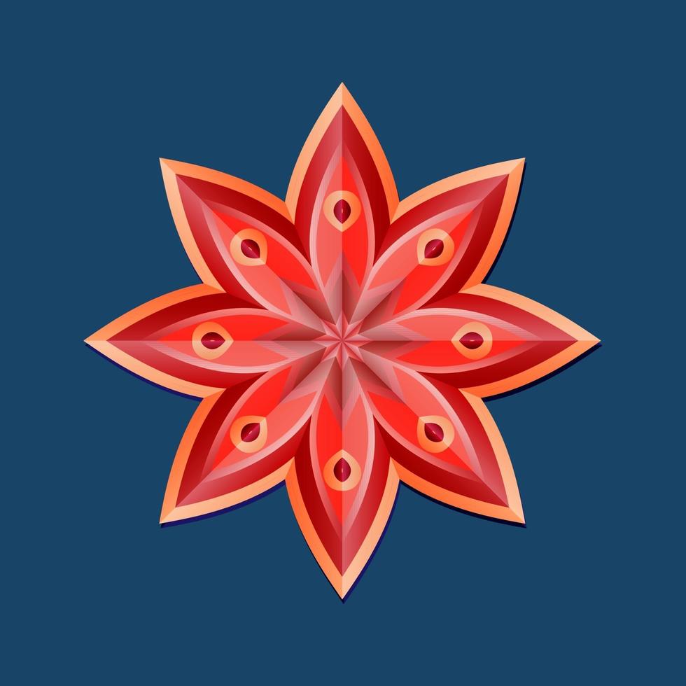 This is a red geometric polygonal mandala in the form of a star with an oriental floral pattern vector