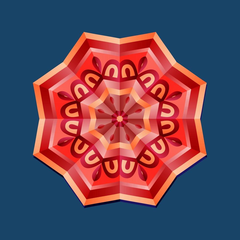 This is a red geometric polygonal mandala with an oriental floral pattern vector