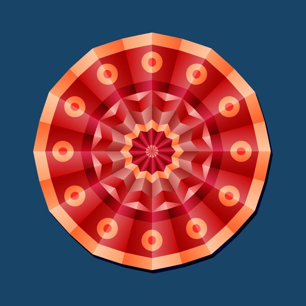 This is a red geometric polygonal mandala with a floral pattern vector