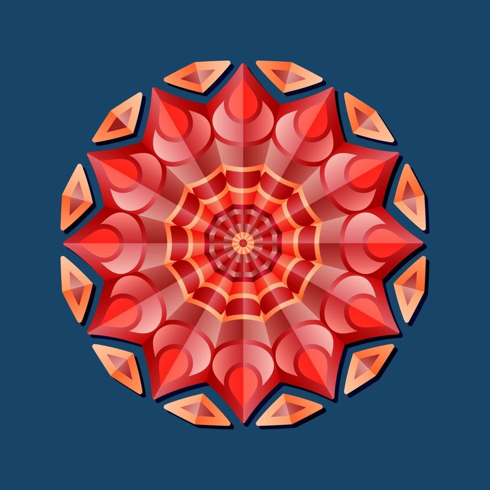 This is a red composite geometric polygonal mandala with an oriental floral pattern vector
