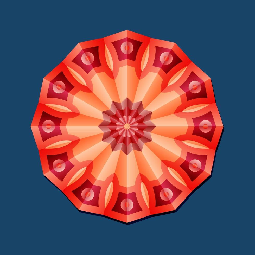 This is a red geometric polygonal mandala with a floral pattern vector