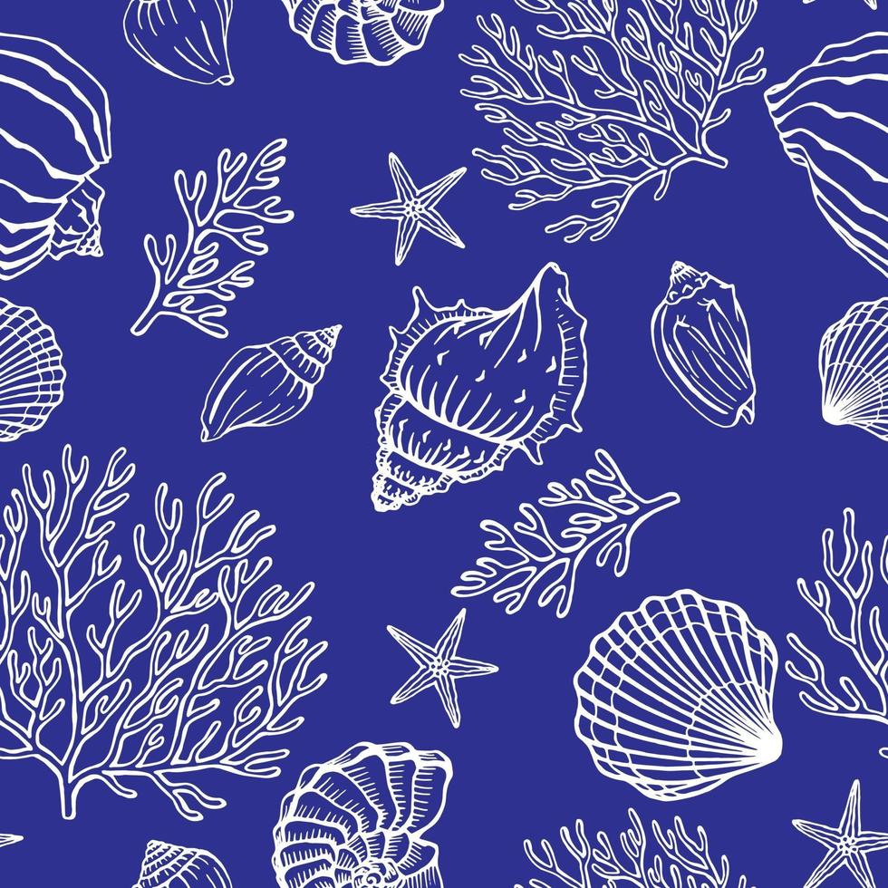 Seamless pattern with seashells corals and starfishes Marine background vector