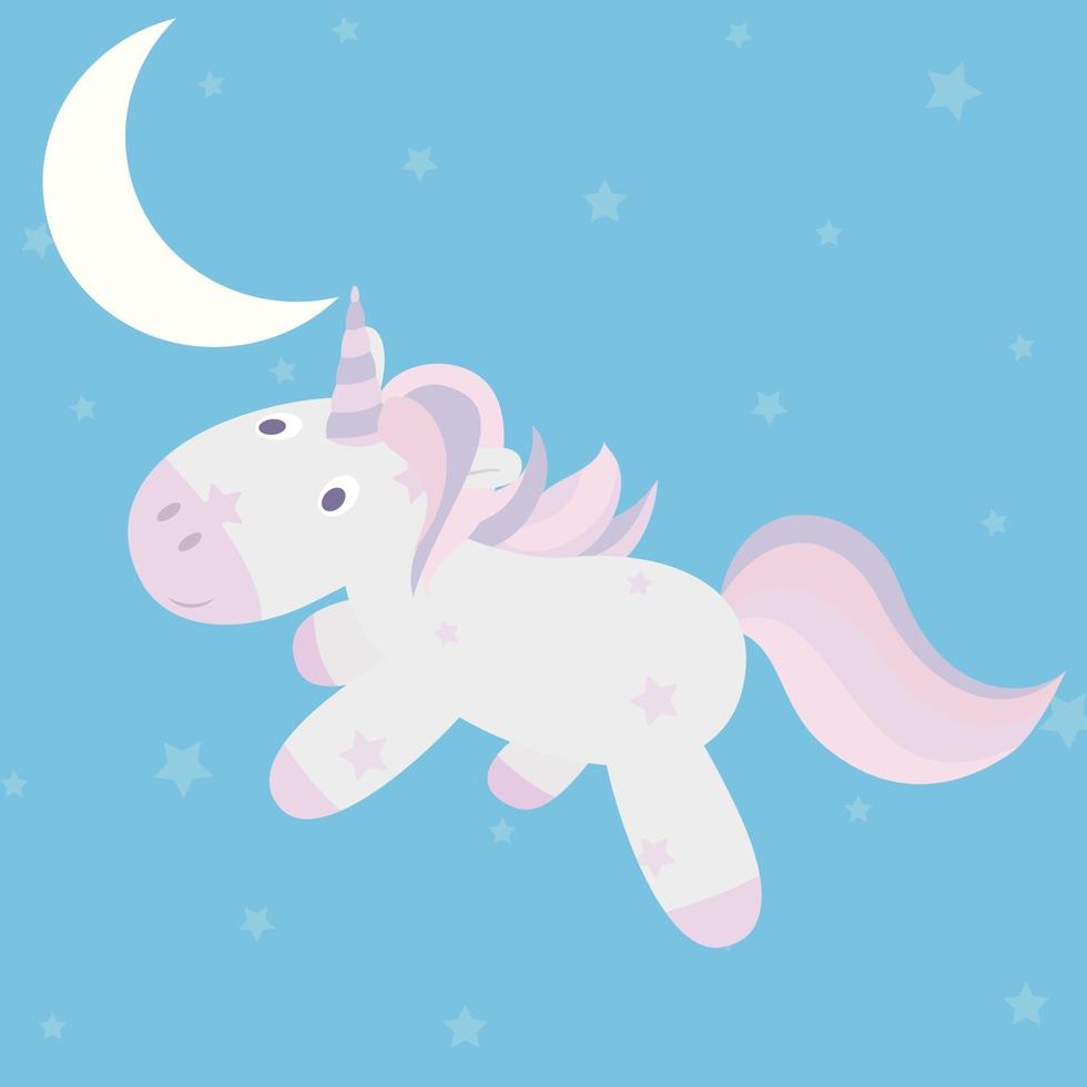 Cute little unicorn flying through the night sky through the stars vector