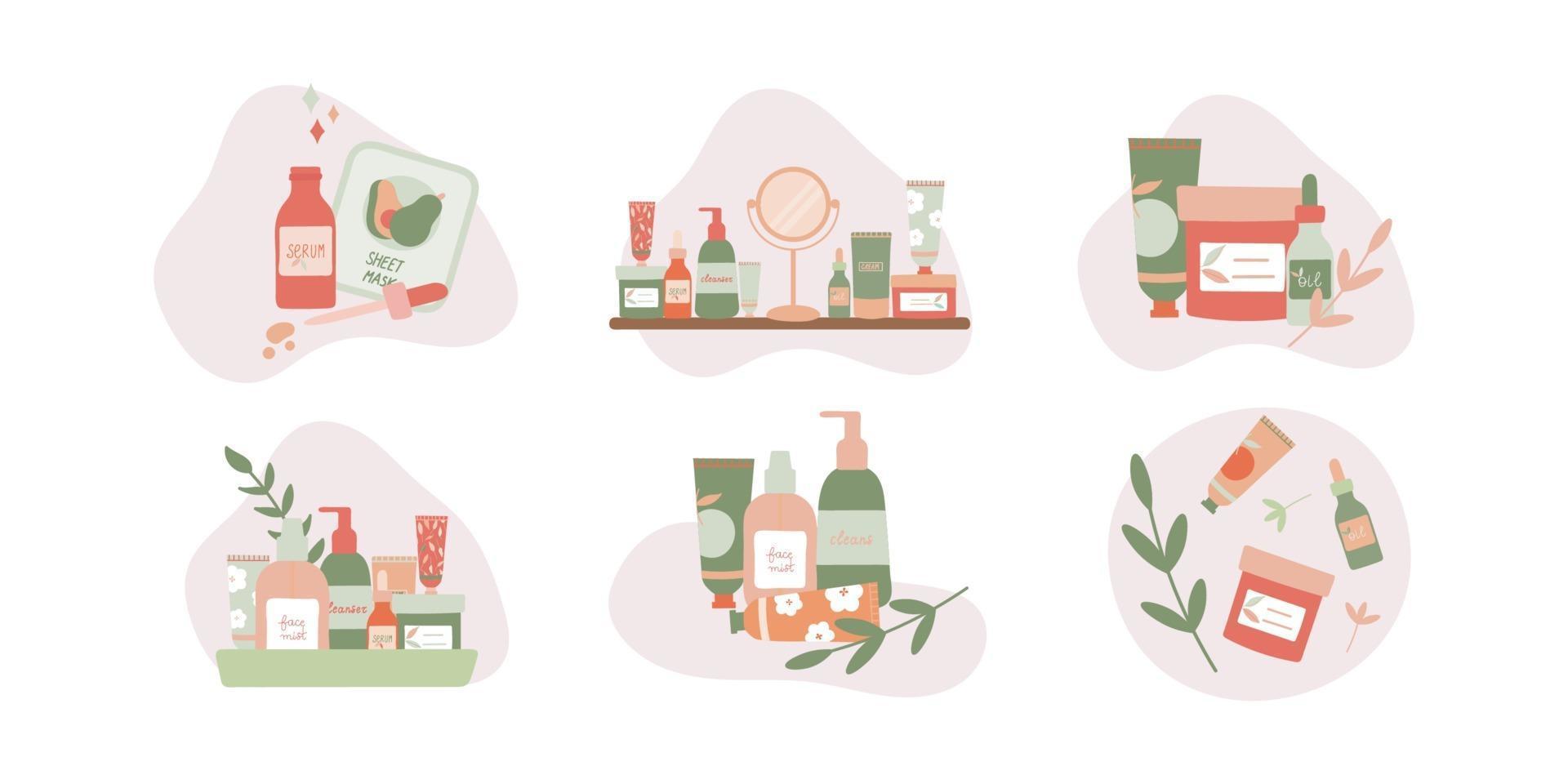 Set of Compositions with Natural Skincare Products Flat Vector Illustration