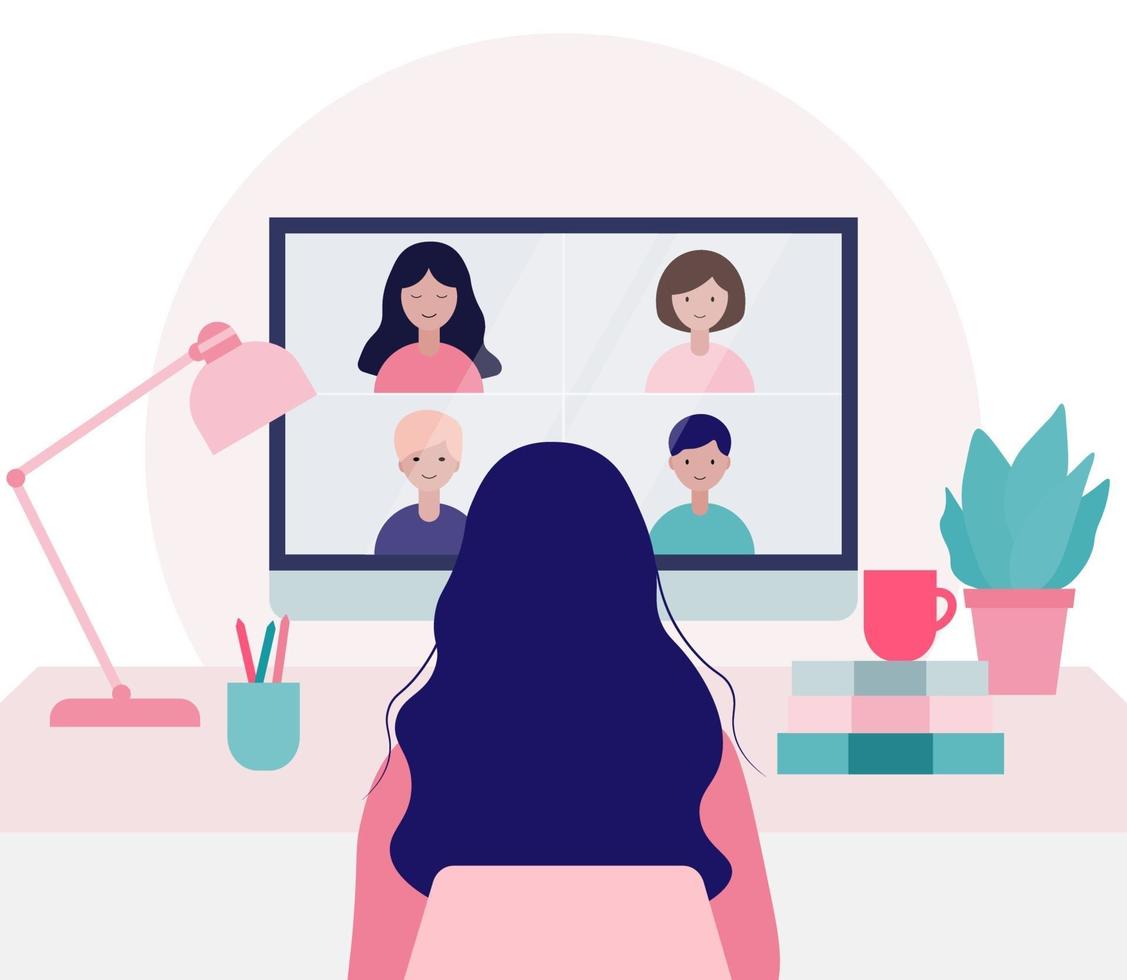 Young Woman Doing Video Conference with Colleagues Illustration vector