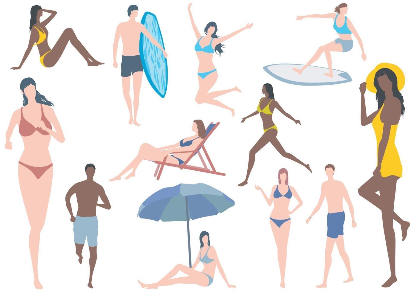 Vector flat Illustration Set With Young Women And Men In Swimsuits Isolated On A White Background
