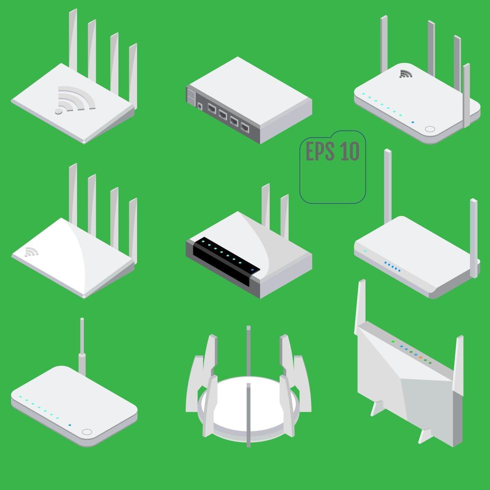 Router isometric icons set vector