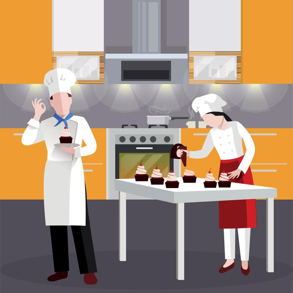 Flat Cooking people In Restaurant Composition Vector Illustration