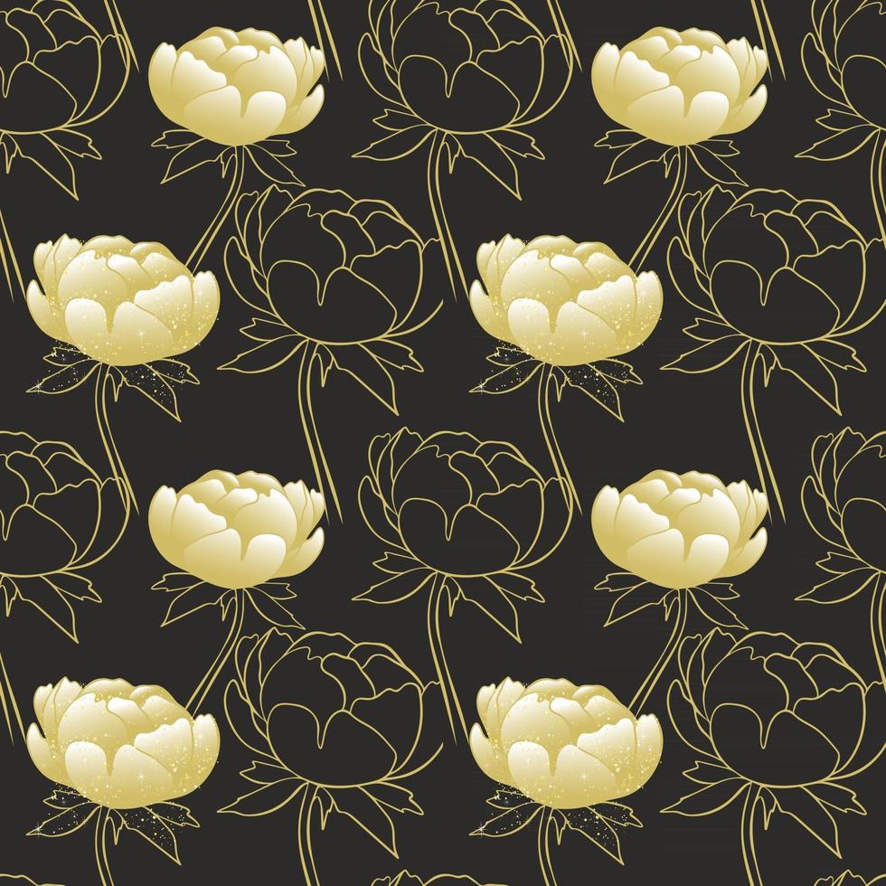 Seamless pattern with gold peonies on a black background vector