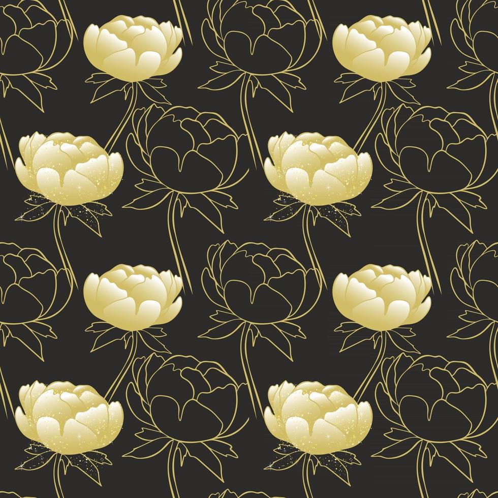 Seamless pattern with gold peonies on a black background vector