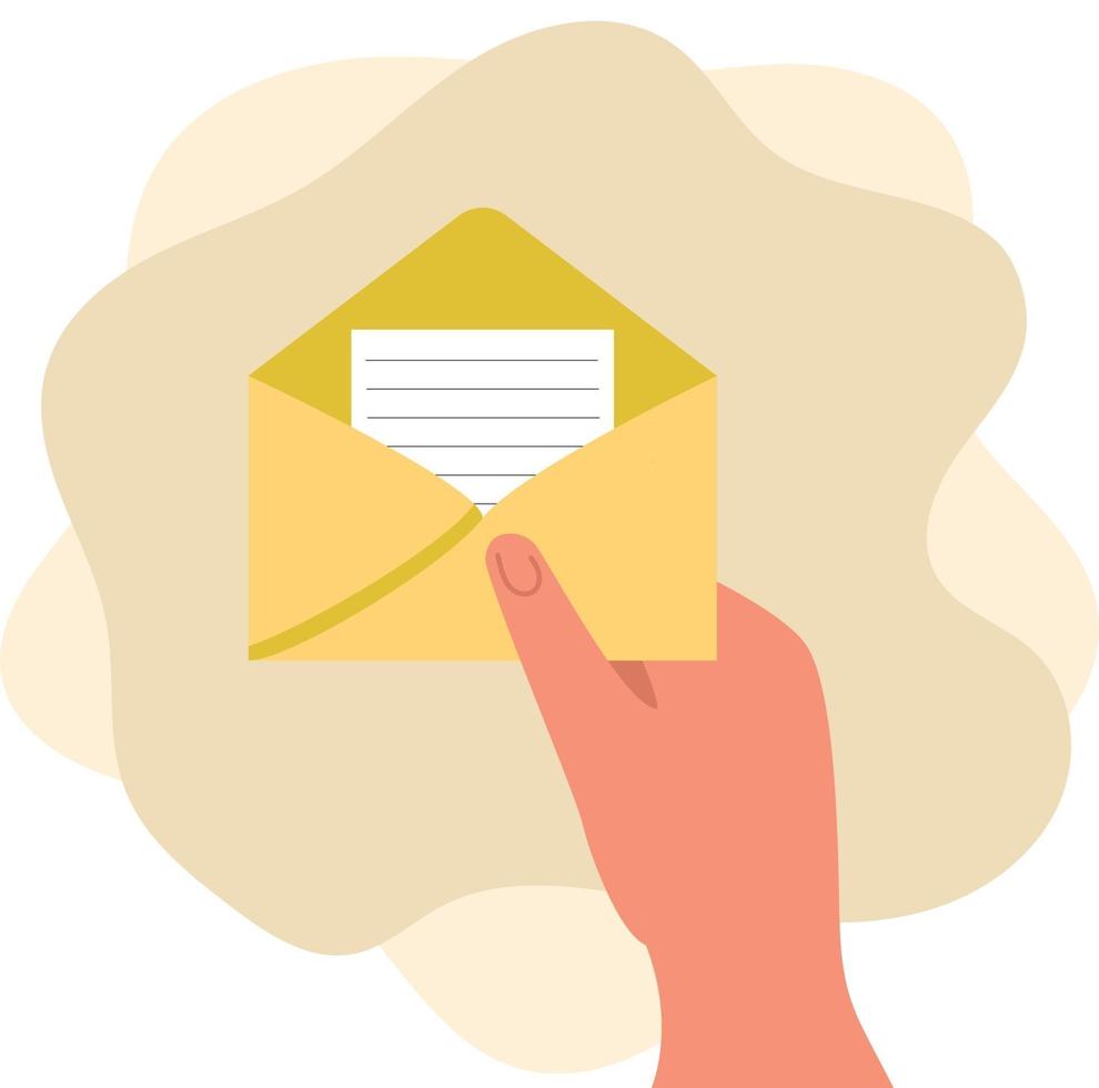 hand holds an open envelope with a letter vector