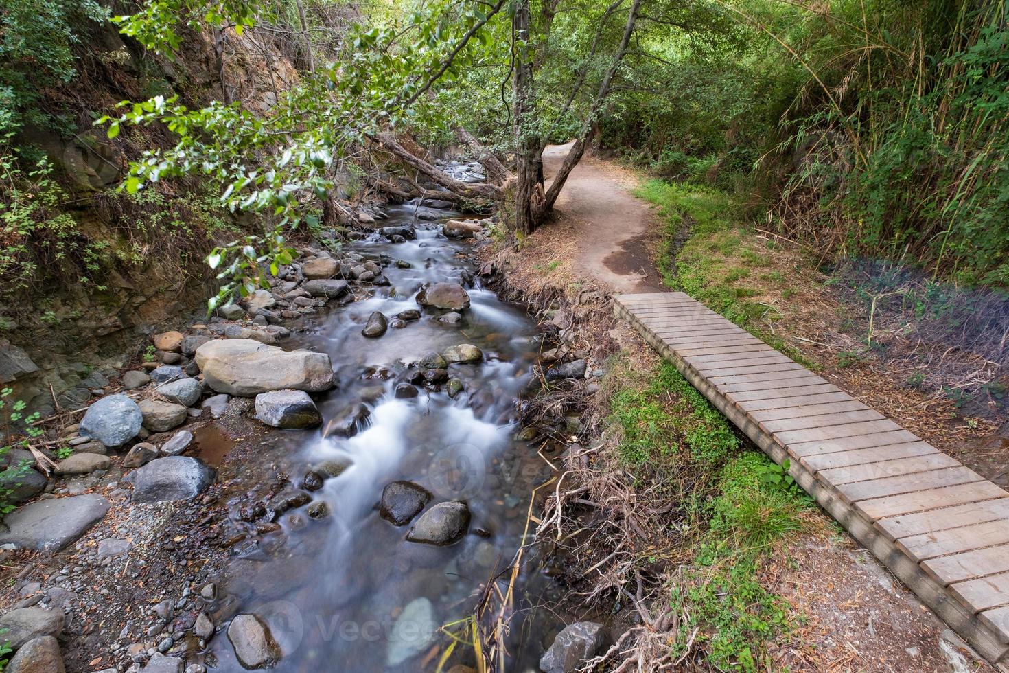 Pure water stream flowing over rocky mountain terrain along the Vateri footpath in the Kakopetria forest in Troodos Cyprus photo