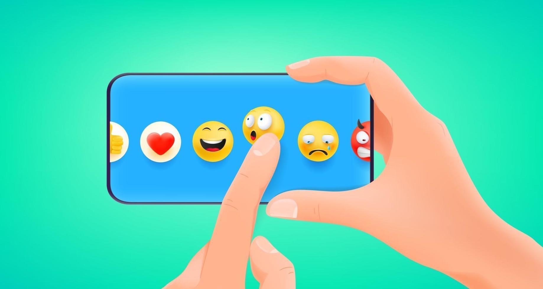 Man holding smartphone and choosing emoji vector