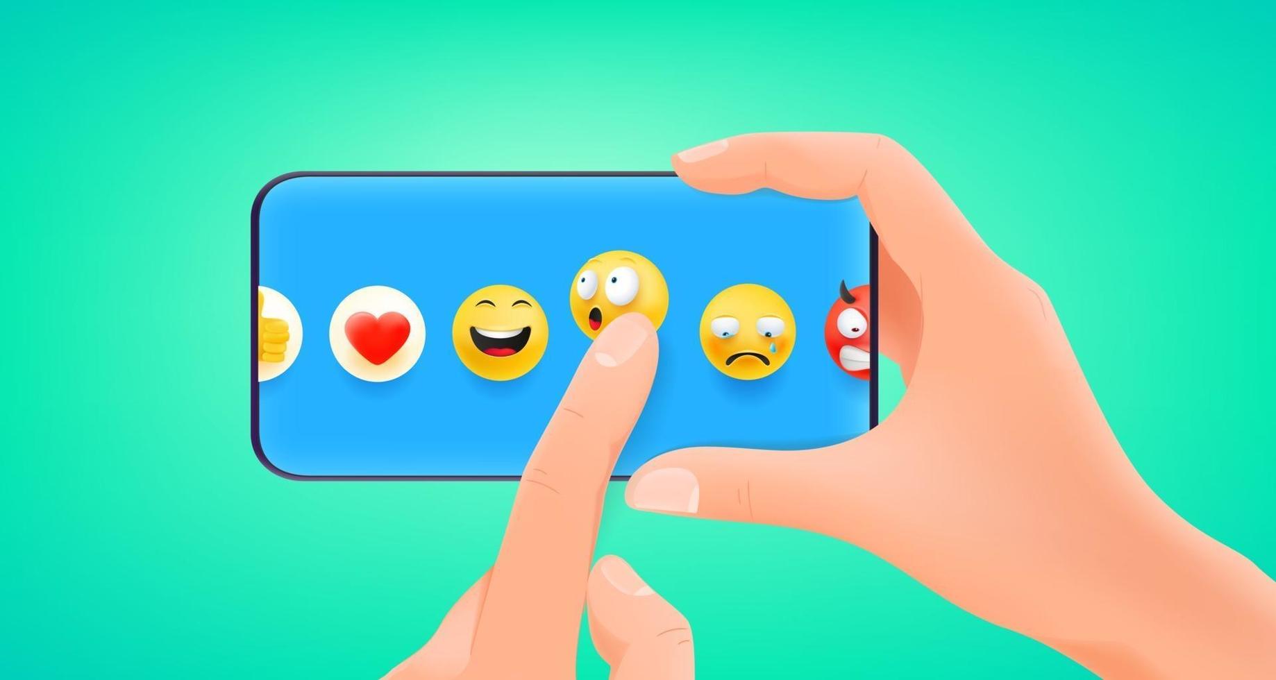 hombre sosteniendo teléfono inteligente y eligiendo emoji vector