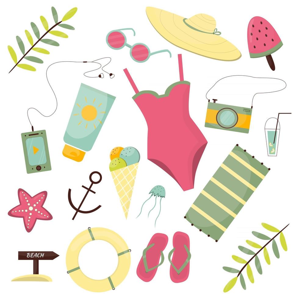 verano, conjunto, accesorios, moderno, vector, plano, imagen, diseño, aislado, blanco, plano de fondo, caricatura, plano vector