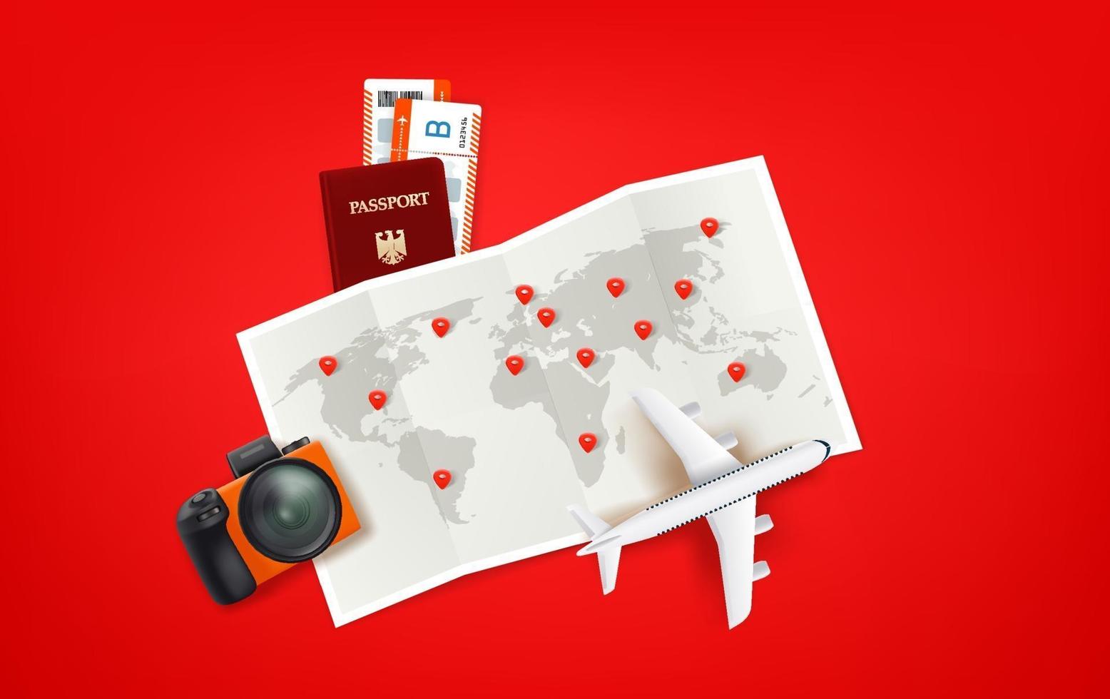 Travel illustration with red bag, paper map, airplane model, tickets, camera. vector