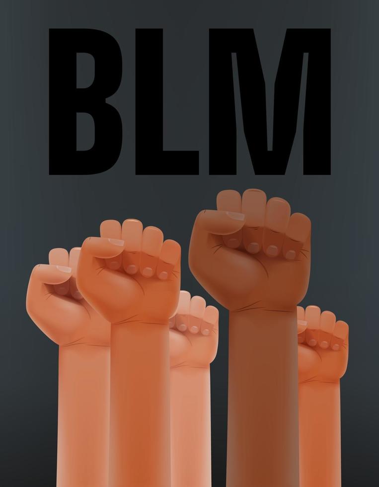 Black lives matter. Different races of men raise fists in the air with letters BLM vector