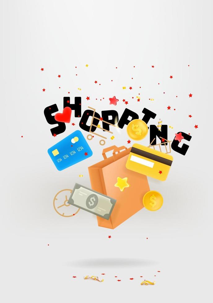 concepto de tiempo de compras. bolsa de compras, tarjetas de crédito y dinero cayendo. Linda ilustración de estilo 3d vector