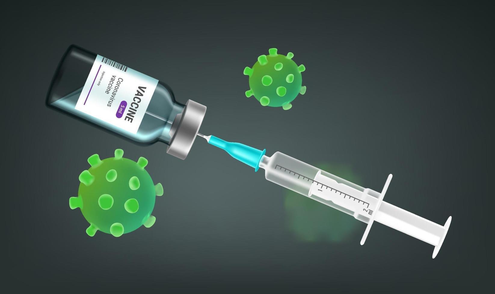 Vaccine versus covid-19 concept. Syringe with vaccine vial and coronavirus molecules vector