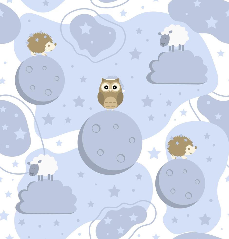 Patrón animal de dulces sueños sin fisuras con búho erizo y ovejas en el fondo con estrellas de luna y nubes ilustración vectorial vector