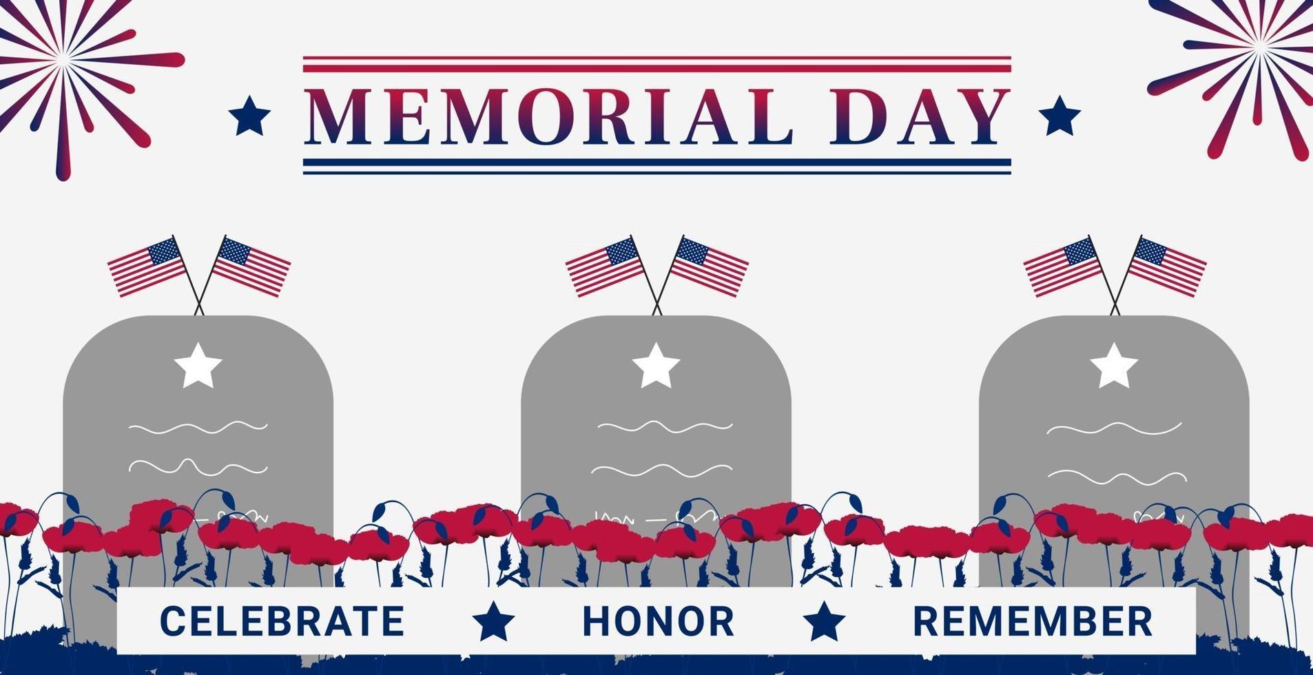 USA Memorial Day greeting card with a tomb a flag poppy and firework Vector illustration