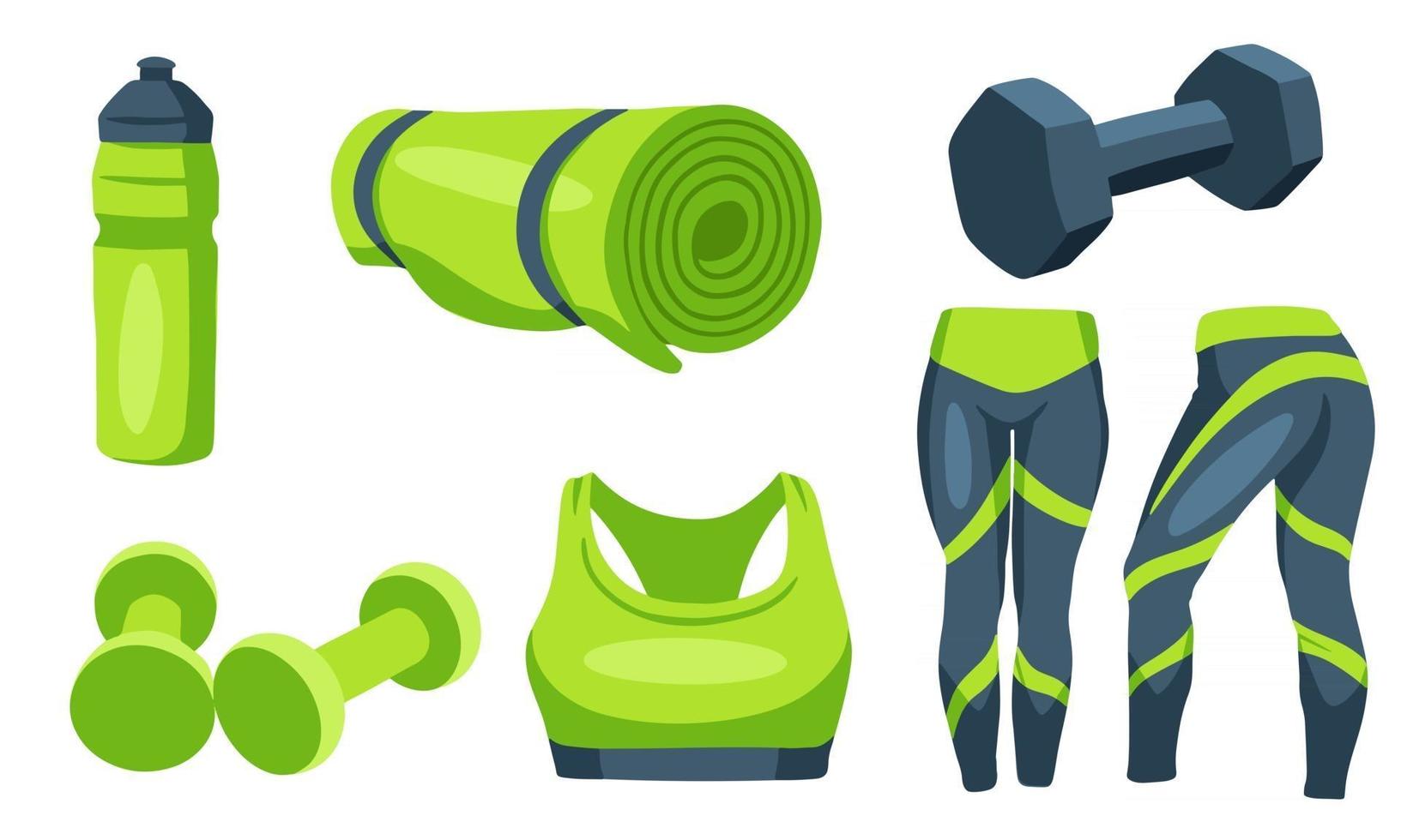 artículos de fitness mancuernas ropa de entrenamiento estera estilo de dibujos animados vector