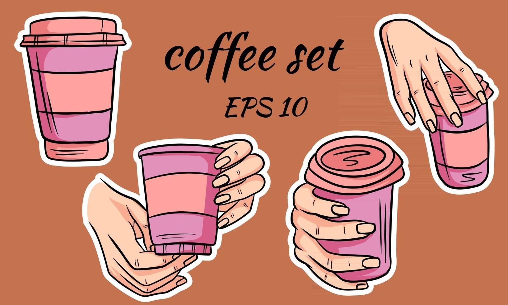 Takeaway coffee glass in hand and separately drawn in cartoon style vector