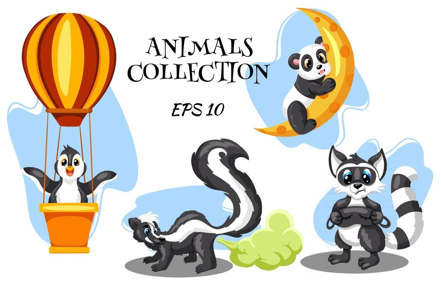 Animals characters skunk raccoon panda and penguin in cartoon style vector