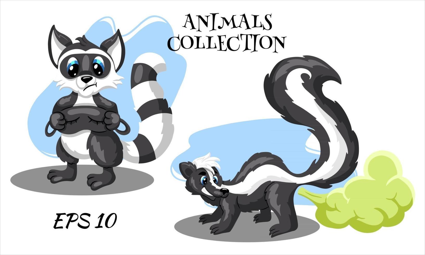 Wild animal characters Raccoon and skunk Cartoon style vector