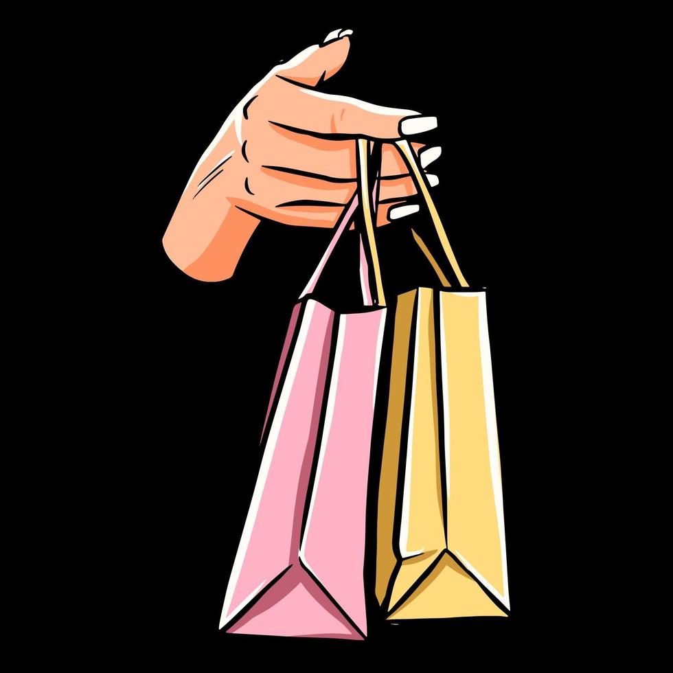 Shopping bags in hand Shopping Black Friday Shopping and discounts Cartoon style vector