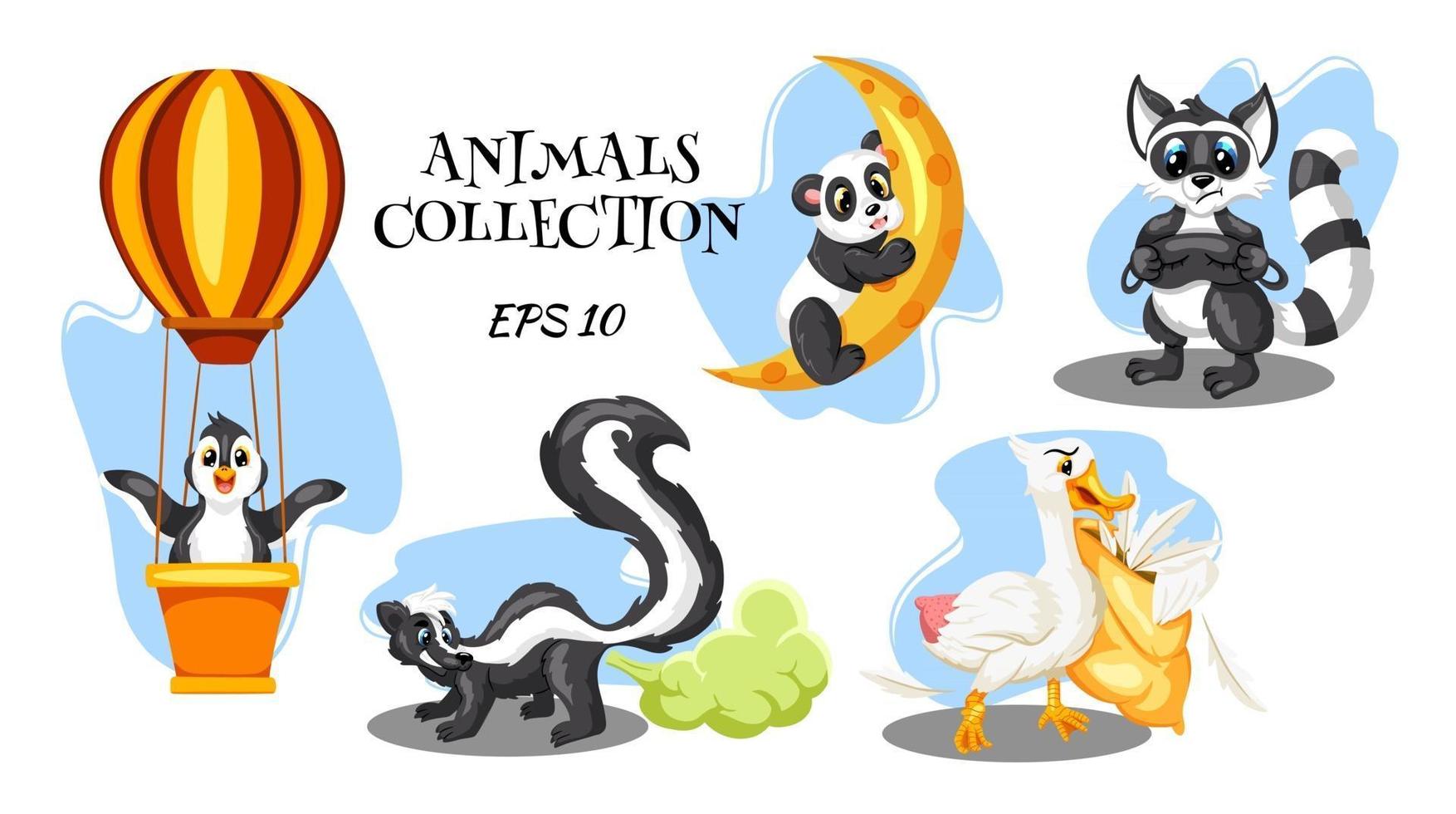 Animals characters skunk raccoon goose panda and penguin in cartoon style vector