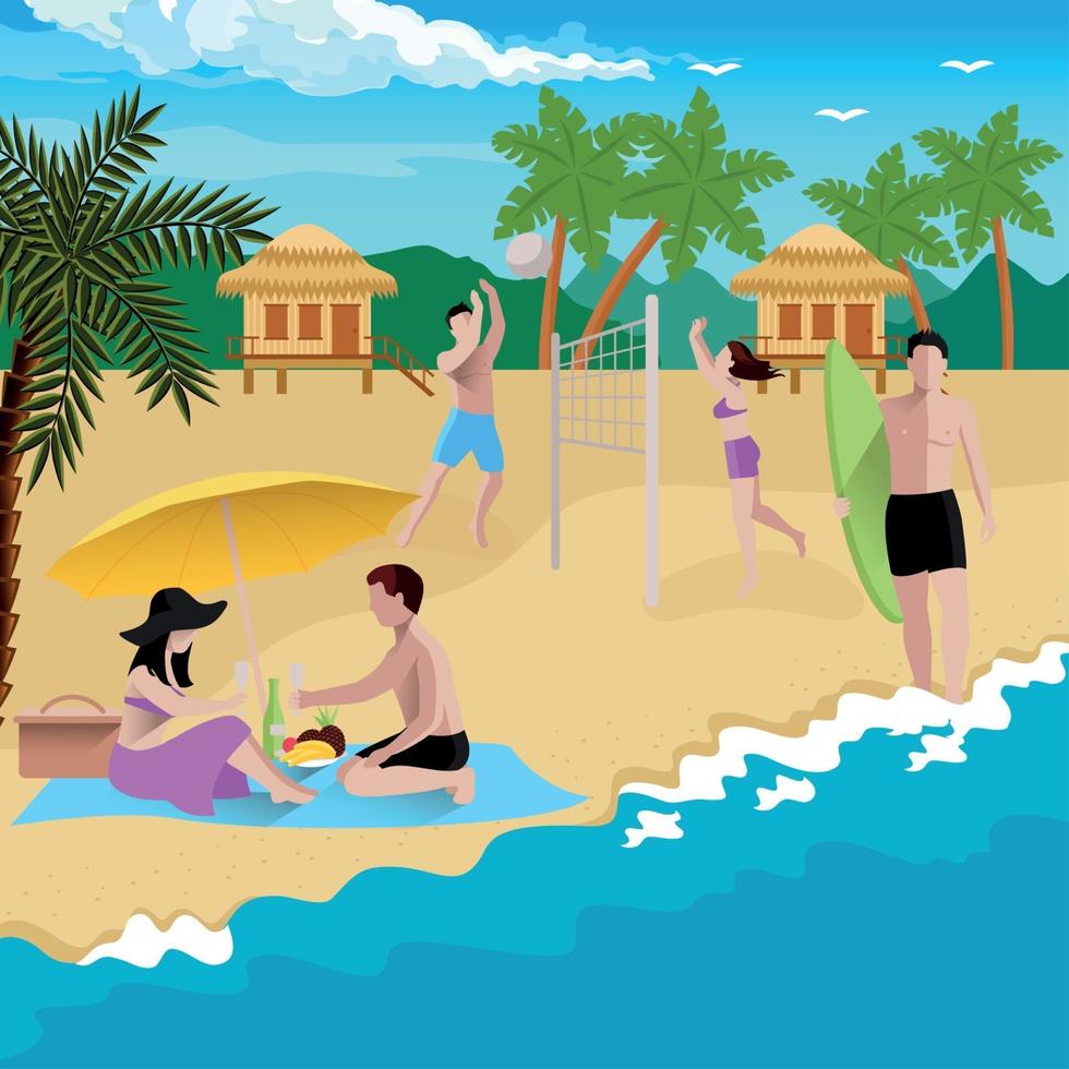 gente en la ilustración de vector de fondo de playa