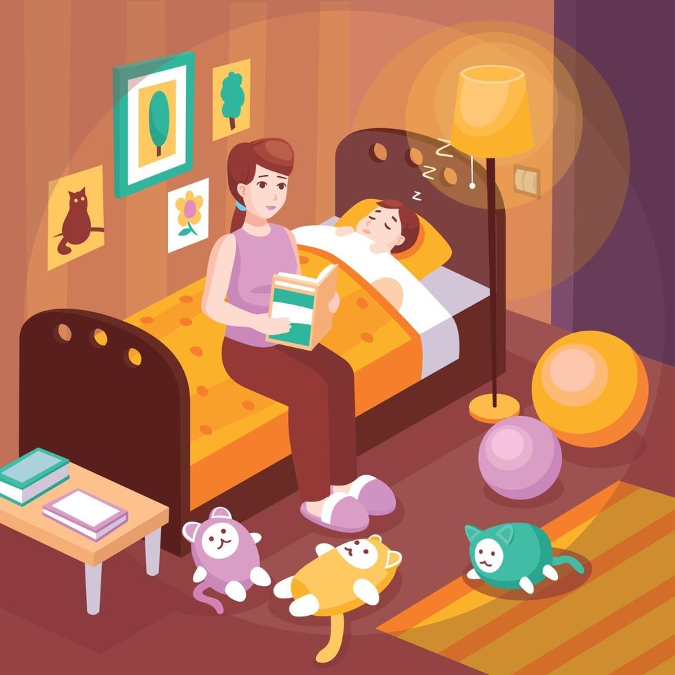 Mother Reading Bedtime Stories Vector Illustration