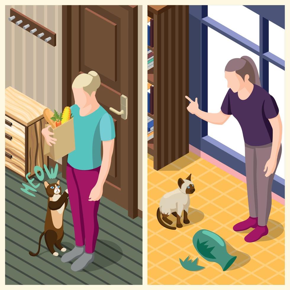 Cat Ordinary Life Isometric Banners Vector Illustration