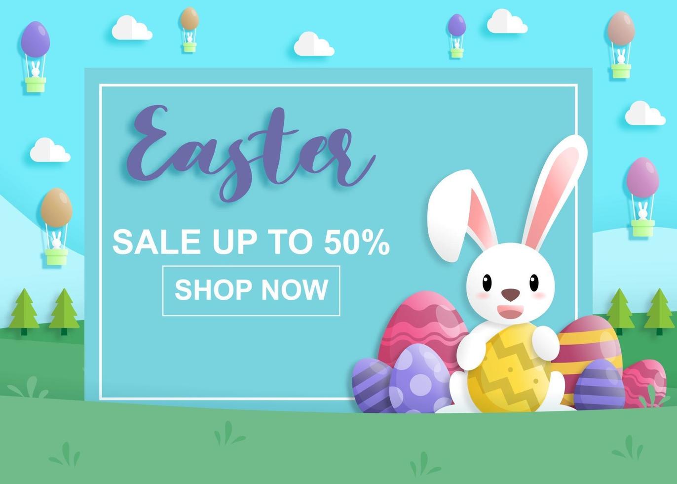 Easter day on sale in paper art style with rabbit and easter eggs vector