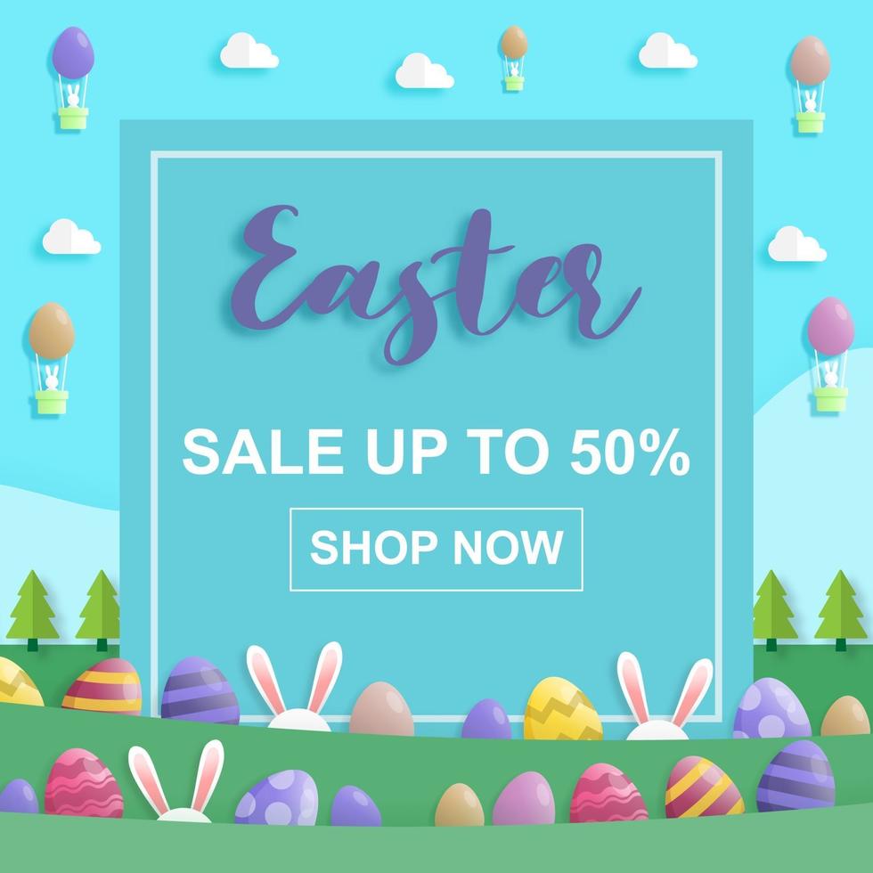 Easter day on sale in paper art style with rabbit and easter eggs vector