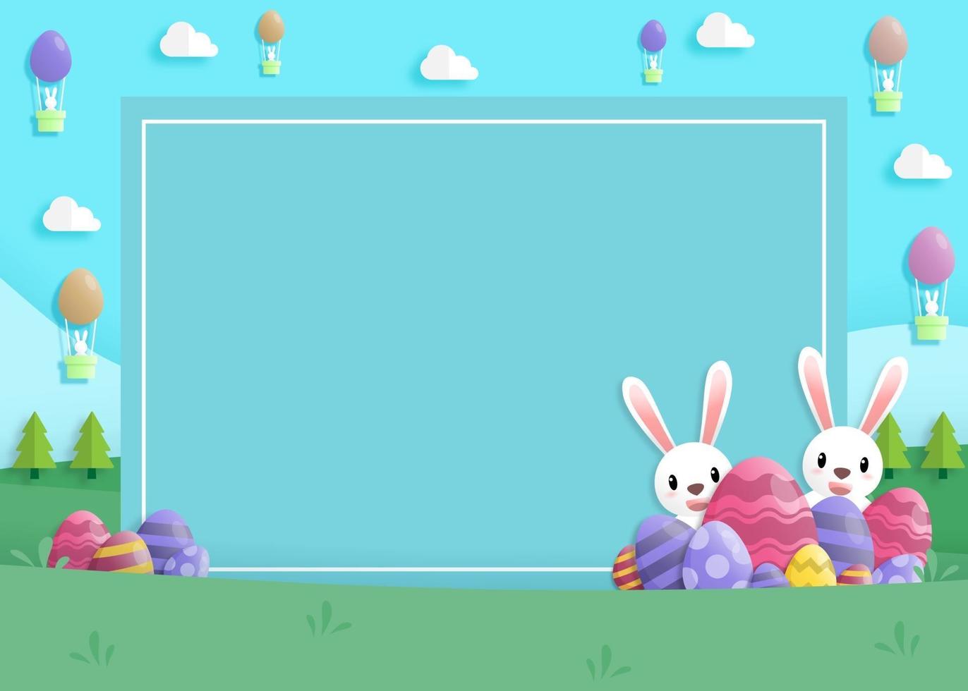 Happy easter day in paper art style with rabbit and easter eggs vector